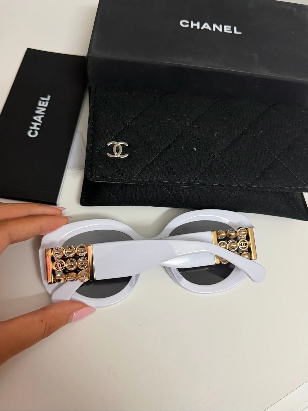 Authentic CHANEL White Round Sunglasses with Gold Chain Detail